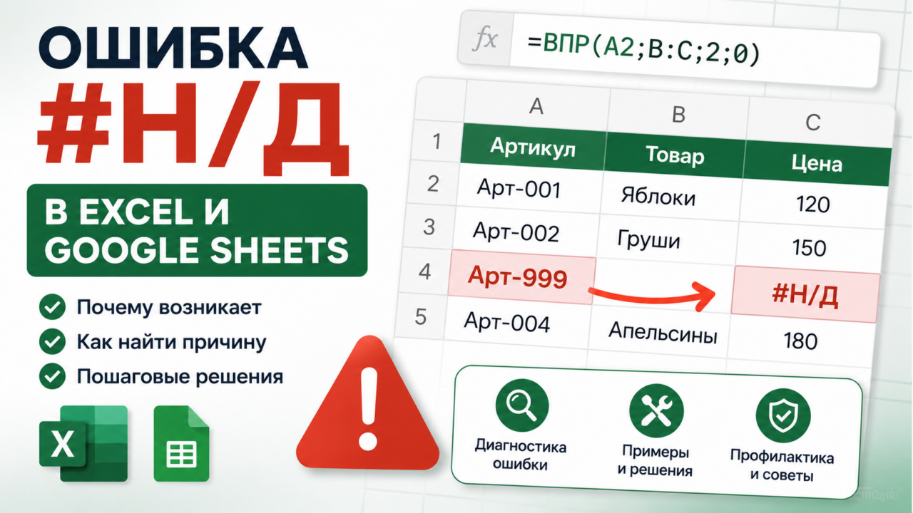 Ошибка #Н/Д в Excel и Google Sheets