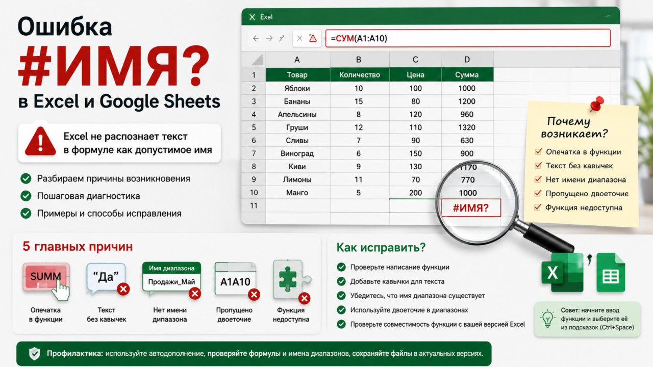Ошибка #ИМЯ? в Excel и Google Sheets