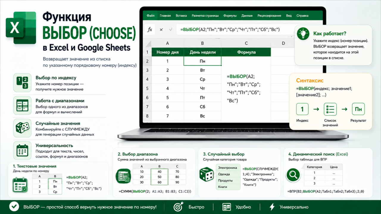 Функция ВЫБОР (CHOOSE) в Excel и Google Sheets