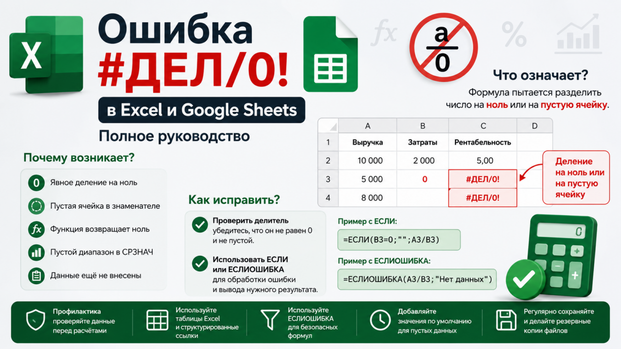 Ошибка #ДЕЛ/0! в Excel и Google Sheets