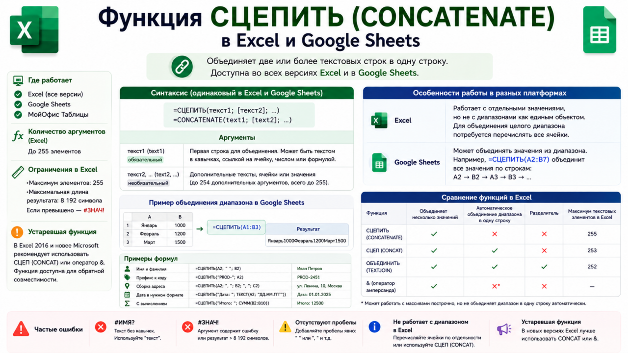 Функция СЦЕПИТЬ (CONCATENATE) в Excel и Google Sheets