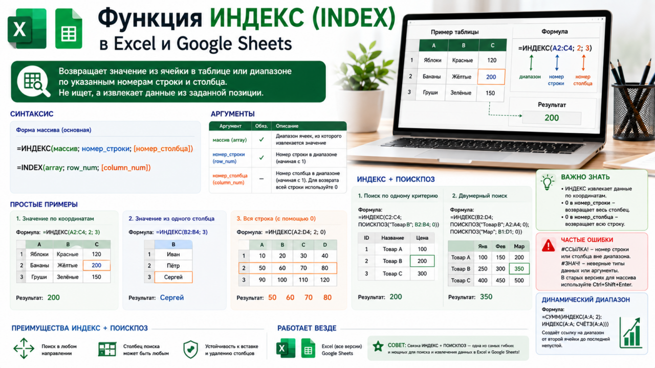 Функция ИНДЕКС (INDEX) в Excel и Google Sheets