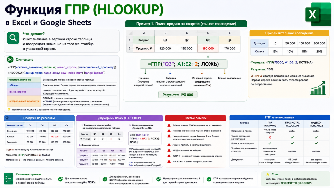 Функция ГПР (HLOOKUP) в Excel и Google Sheets