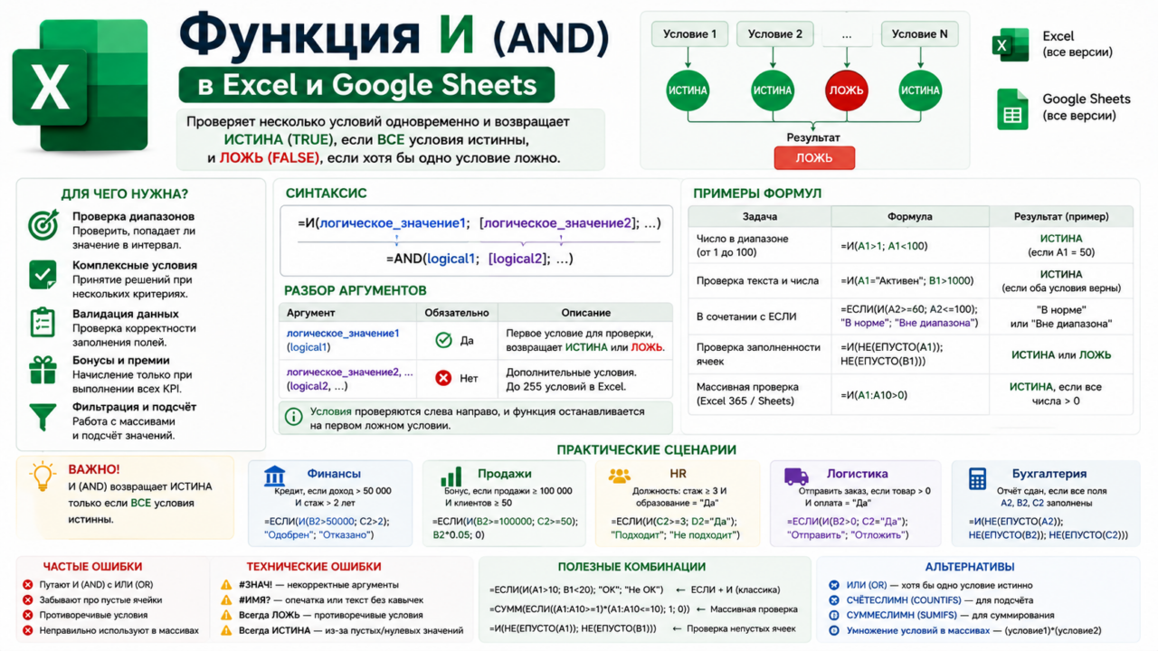 Функция И (AND) в Excel и Google Sheets
