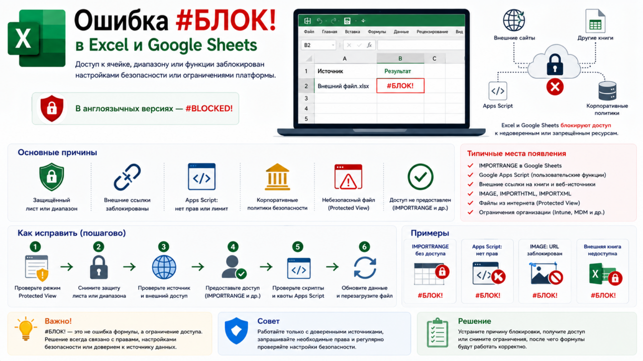 Ошибка #БЛОК! (#BLOCKED!) в Excel и Google Sheets