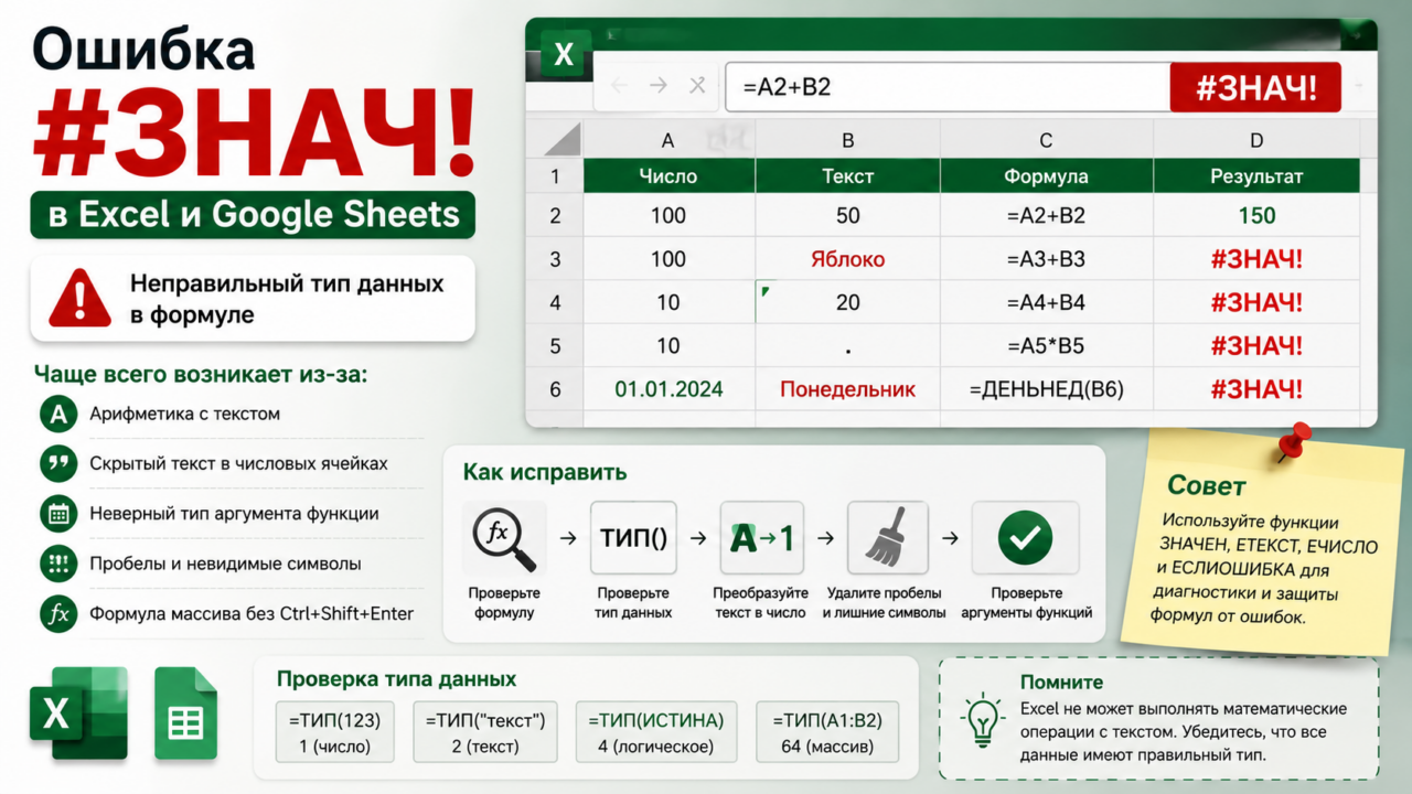 Ошибка #ЗНАЧ! в Excel и Google Sheets