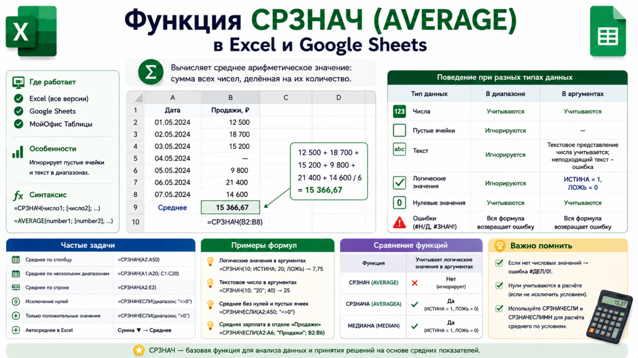 Функция СРЗНАЧ (AVERAGE) в Excel и Google Sheets