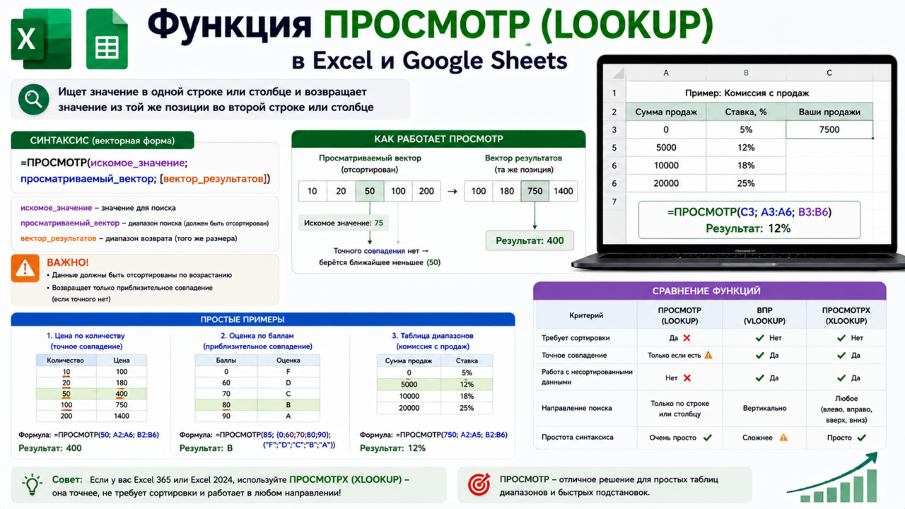 Функция ПРОСМОТР в Excel и Google Sheets