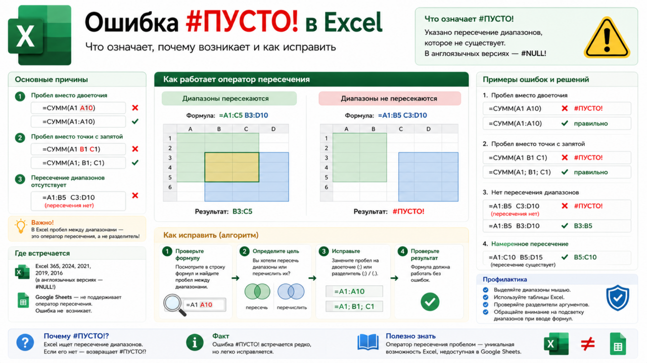 Ошибка #ПУСТО! (#NULL!) в Excel и Google Sheets