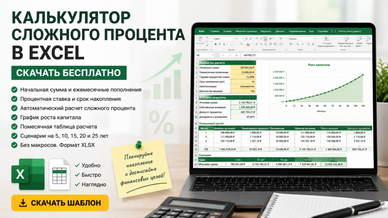 Калькулятор сложного процента в Excel — скачать бесплатно