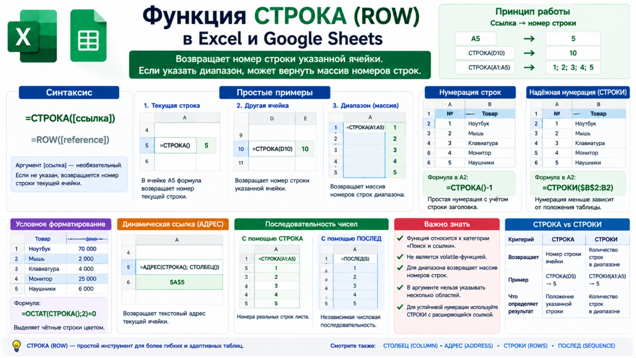 Функция СТРОКА (ROW) в Excel и Google Sheets