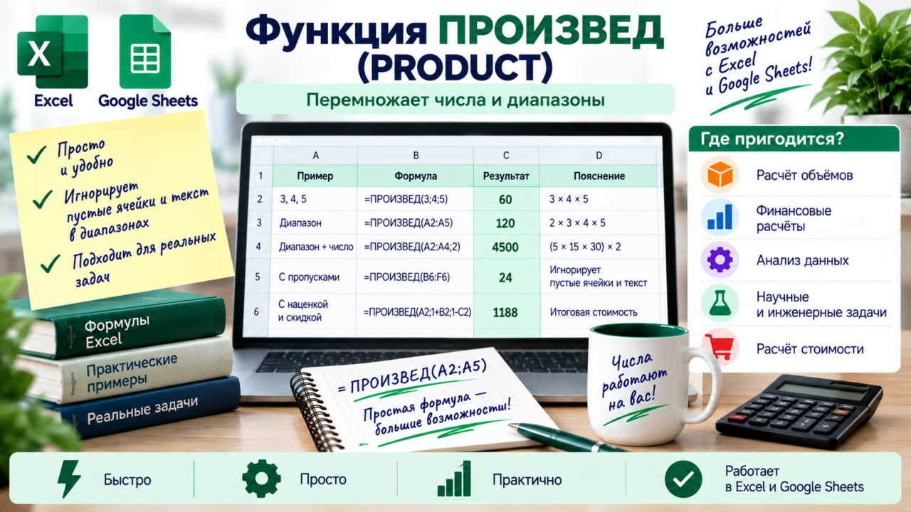 Функция ПРОИЗВЕД (PRODUCT) в Excel и Google Sheets