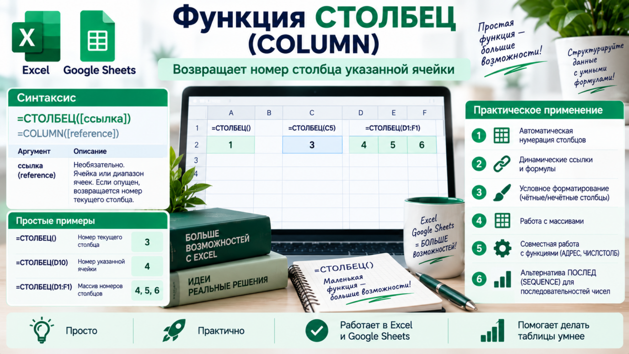 Функция СТОЛБЕЦ (COLUMN) в Excel и Google Sheets