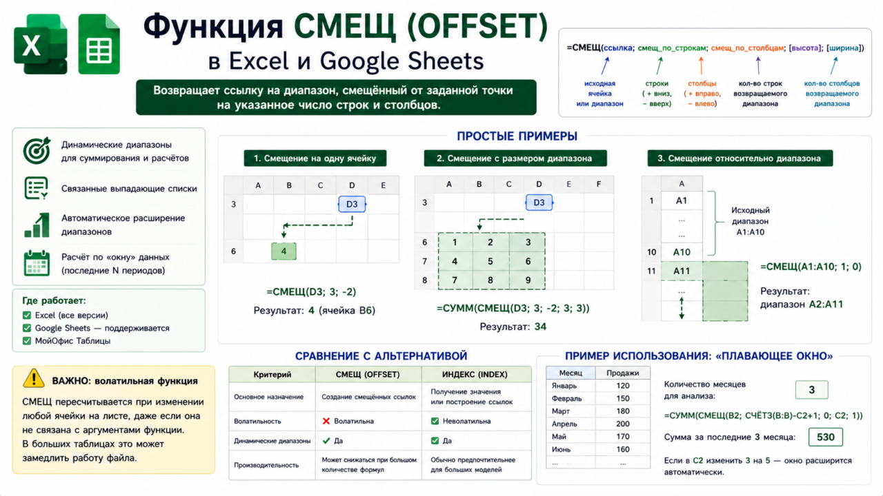 СМЕЩ (OFFSET) в Excel и Google Sheets — примеры и синтаксис