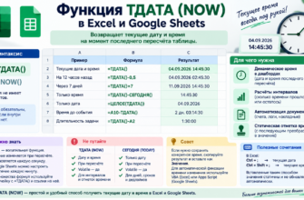 Функция ТДАТА (NOW) в Excel и Google Sheet