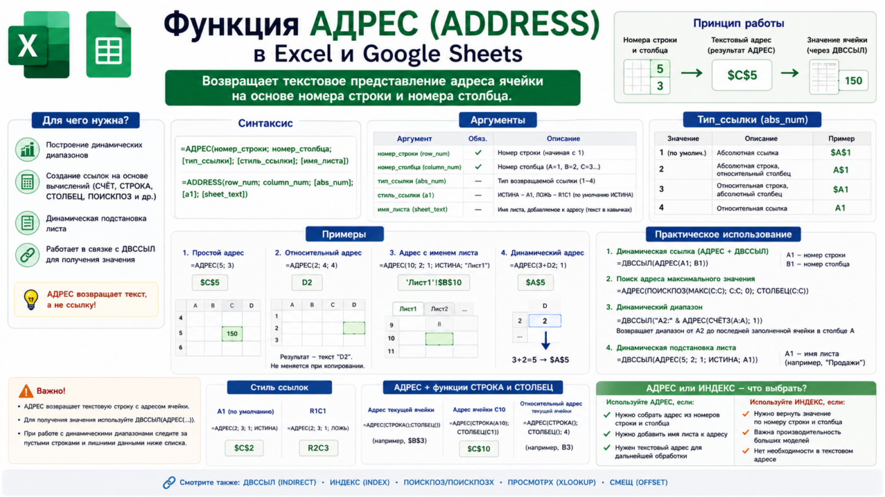 АДРЕС (ADDRESS) в Excel и Google Sheets