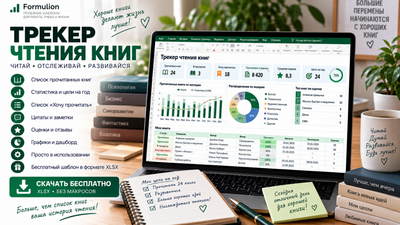 Трекер чтения книг в Excel — скачать бесплатно шаблон